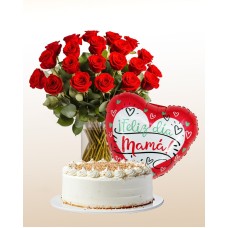 Combo especial para o Dia das Mães: Bolo + Buquê com 12 rosas + Balão