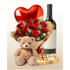 Combo Amor Total: Buquê com 12 rosas + Ursinho de pelúcia + Balão + Vinho + Chocolates