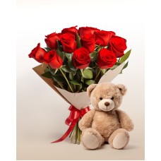 Combo Caprice: Buquê com 12 rosas + ursinho de pelúcia: