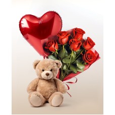 Combo Delicadeza: Buquê com 6 rosas + Balão + Ursinho de Pelúcia