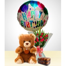 Birthday Combo A: Bouquet de 12 rosas + Urso + Chocolates + Balão de feliz aniversario