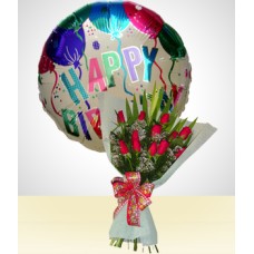 Combo de Aniversário B: Buquê de 12 Rosas + Balão de Feliz Aniversário