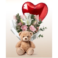 Buquê de rosas delicadas + ursinho de pelúcia + combinação de balões