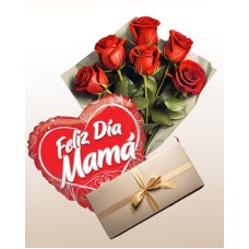 Surpresa para a mamãe: Buquê, chocolates e balão.