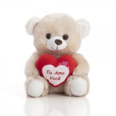 Urso de pelúcia de 21 cm sentado, doce e com sobremesa.