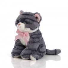 Gato de pelúcia sentado, 25 cm - Jasmine com laço listrado cinza