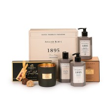 Caixa de presente Atelier Rebul: 1895, vela de folhas de cânhamo e trufas Godiva.