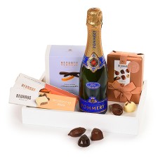 Bandeja de presente Neuhaus com champanhe Pommery e chocolates