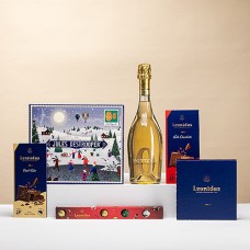 Presente festivo com vinho espumante sem álcool, chocolates Leonidas e biscoitos Jules Destrooper.