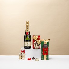 Conjunto de luxo com champanhe Moët & Chandon e chocolates Corne Port-Royal.