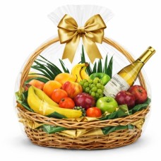 Cesta de frutas com vinho branco importado.