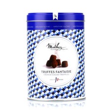 Trufas sofisticadas com chips de crepe crocantes em lata vintage.