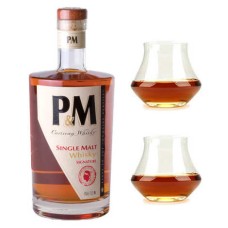 Whisky P&M Single Malt Signature da Córsega, 42%, e seus 2 copos.