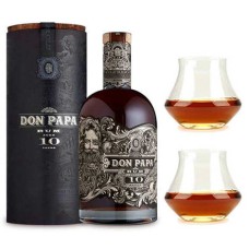 Rum Don Papa 10 anos, 43% e 2 copos.