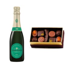 Conjunto de chocolates e champanhe Canard Duchne Cuvée Léonie Brut 12% em meia garrafa.