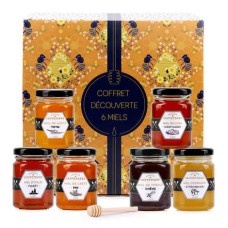 Conjunto com 6 tipos de mel de diferentes partes do mundo e 1 colher de mel.