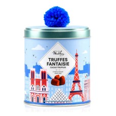 Trufas sofisticadas com chips de crepe crocantes em lata com um pompom azul Paris (lata de 250g)