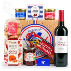 Caixa de presente gourmet azul, branca e vermelha