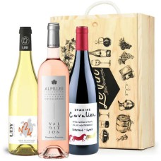 Caixa de madeira com 3 vinhos em 3 cores (branco, rosé e tinto)
