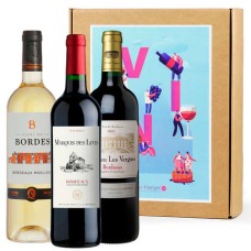 Caixa de presente com 3 vinhos de Bordeaux a um preço acessível.