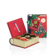 Mini livro de metal recheado com pedaços de chocolate Chocoviar 75%, Creme Brulee e Pistache.