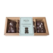 Caixa com 4 ursinhos de marshmallow cobertos com chocolate amargo e coco (caixa de 100g)