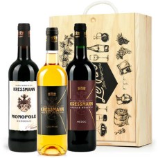Caixa com 3 garrafas de vinho Bordeaux (2 tintos e 1 branco doce)
