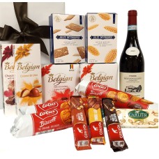 Delicioso kit de presente belga com vinho tinto italiano.