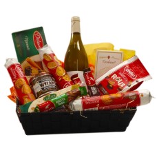 Cesta de presente belga com um vinho branco francês Chablis.
