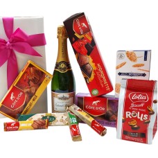 Pacote de presente belga com chocolate belga e champanhe.