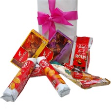 Pacote de presente belga com biscoitos, nougat e chocolate.