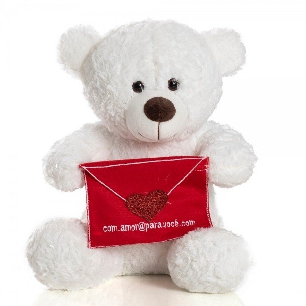 Urso de Pelúcia Sentado de 30 cm - Carta de Amor Branca