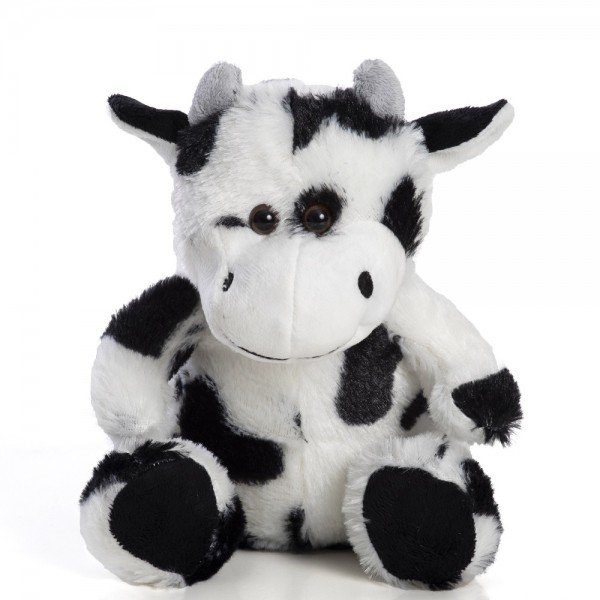 Vaca de pelúcia branca de 23 cm sentada, ordenhando.