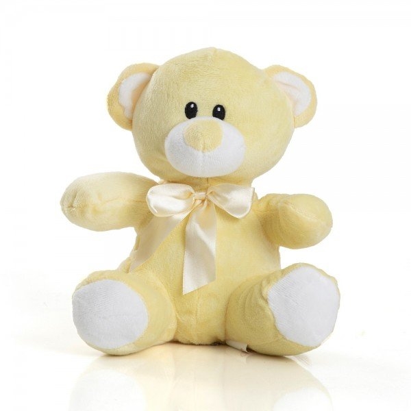 Urso de pelúcia de 20 cm sentado com sino amarelo