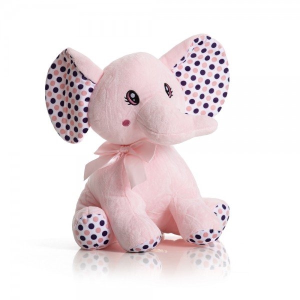 Elefante de pelúcia sentado, 26 cm - Rosa com bolinhas.