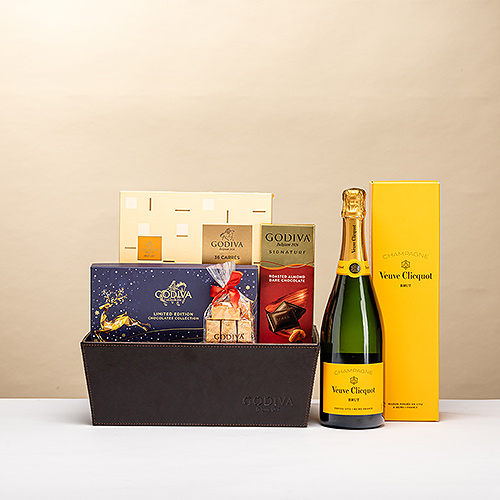 Cesta festiva magnífica da Godiva com Veuve Clicquot