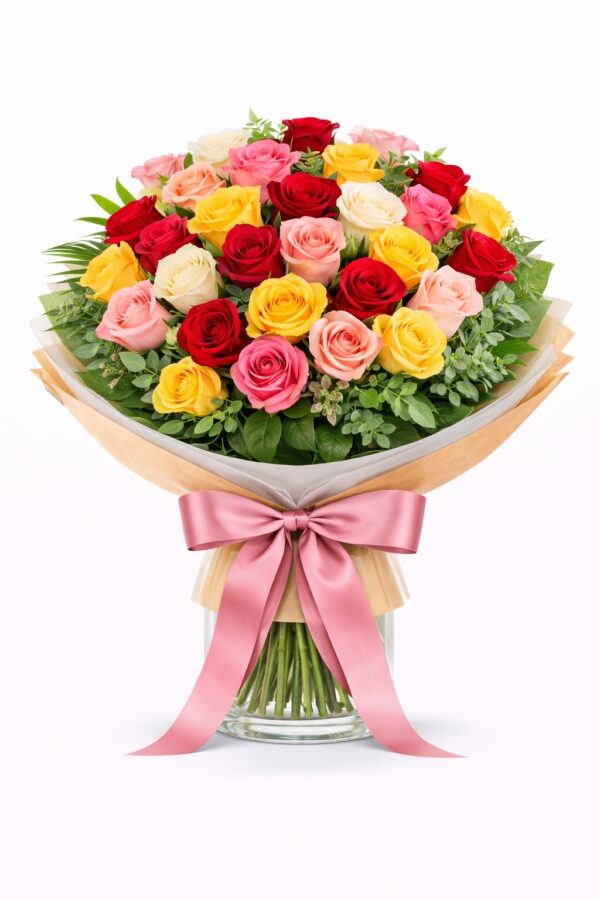 36 rosas variadas em um vaso