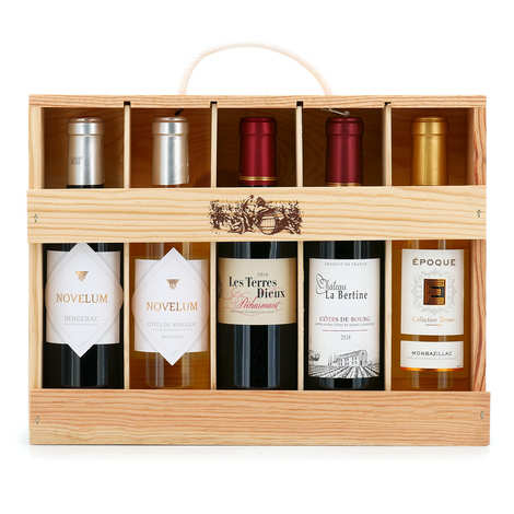 Caixa de madeira com 5 meias garrafas de vinhos de Bordéus e do Sudoeste da França.