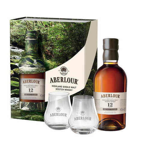Whisky Aberlour 12 anos, não filtrado a frio, caixa de presente com 2 copos, 48%