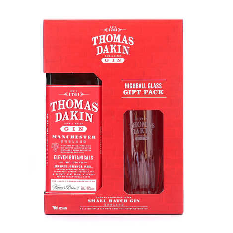 Caixa de presente de gin Thomas Dakin com 1 copo.