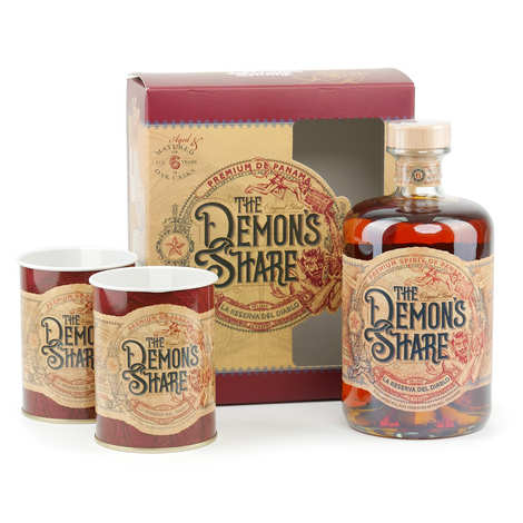 Caixa de presente com 2 copos de rum Demon's Share de 6 anos.