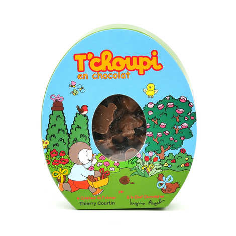 Caixa de ovos surpresa T'Choupi recheada com bolinhos de chocolate ao leite.