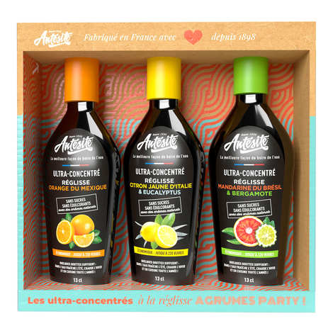 Caixa Citrus Party com 3 alcaçuzes ultraconcentrados nos sabores Laranja, Tangerina e Limão - Antesite