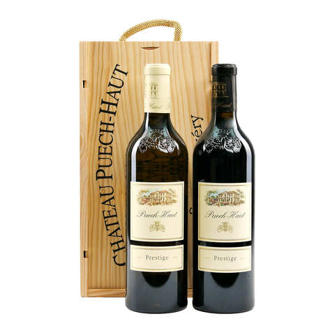 Caixa com 2 garrafas de Château Puech-Haut - 1 vinho tinto Prestige 75cl + 1 vinho branco Prestige 75cl