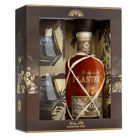 Caixa de presente de rum Planteray XO 20º aniversário com 2 copos