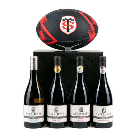 Kit de presente Vinovalie x Stade Toulousain - 4 garrafas de vinho e 1 bola de rugby