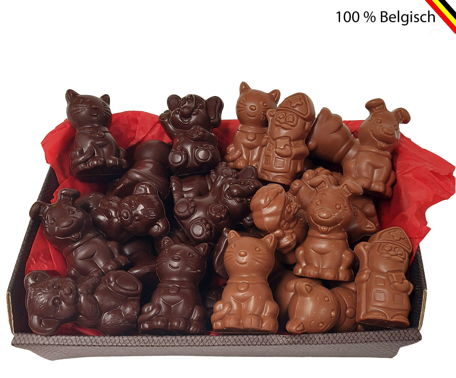 Cesta de São Nicolau 2025 com 30 figuras de chocolate Callebaut.